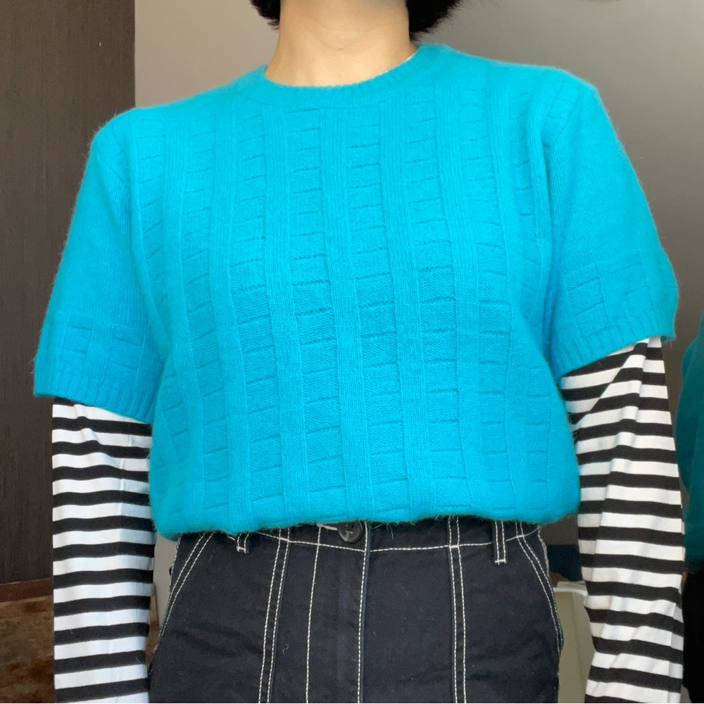 Turquoise Angora Wool Knit Short Sleeve Sweater
